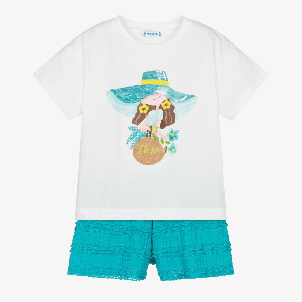 Mayoral-Girls White Ibiza T-Shirt & Aqua Blue Lace-Trimmed Shorts Set | Childrensalon