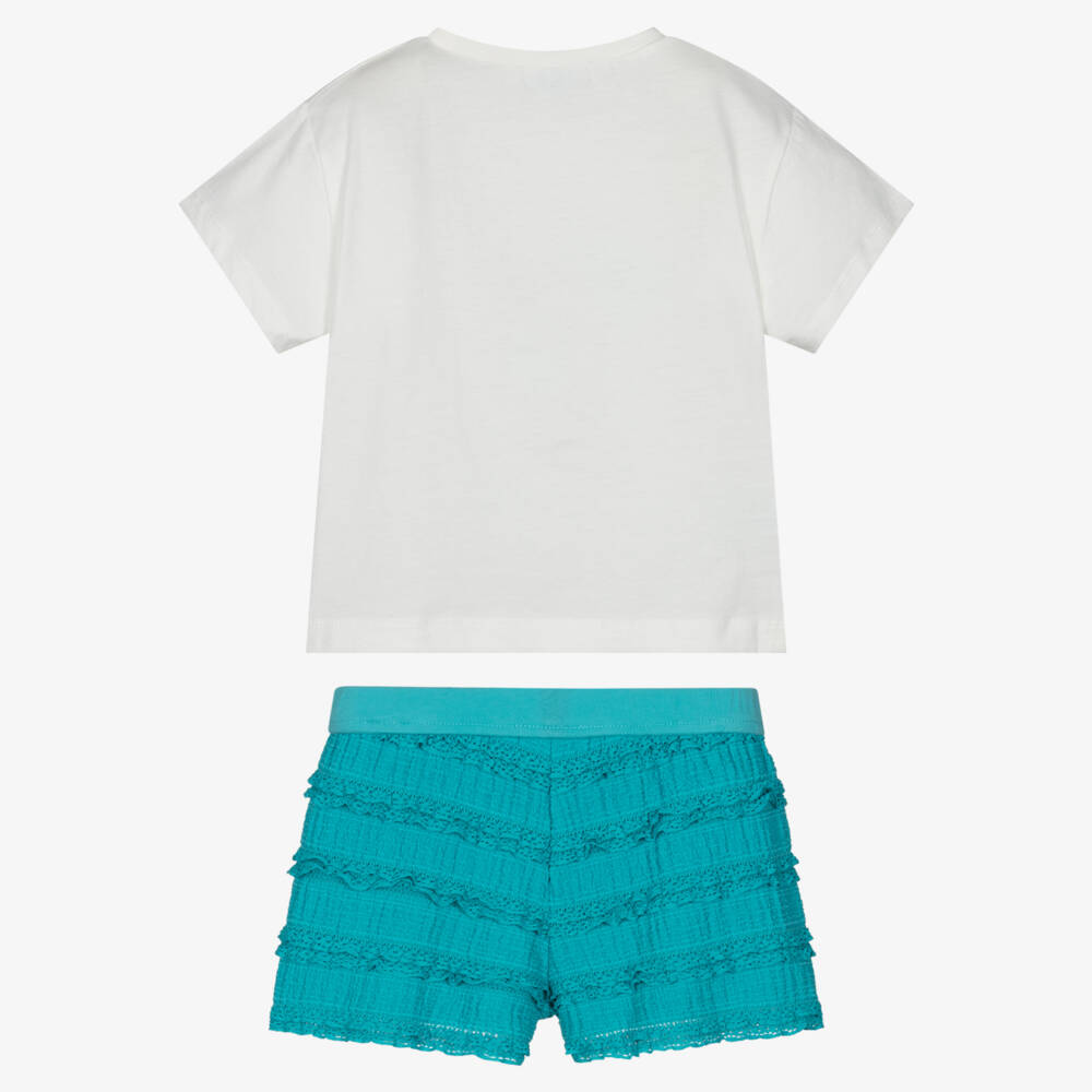 Mayoral-Girls White Ibiza T-Shirt & Aqua Blue Lace-Trimmed Shorts Set | Childrensalon