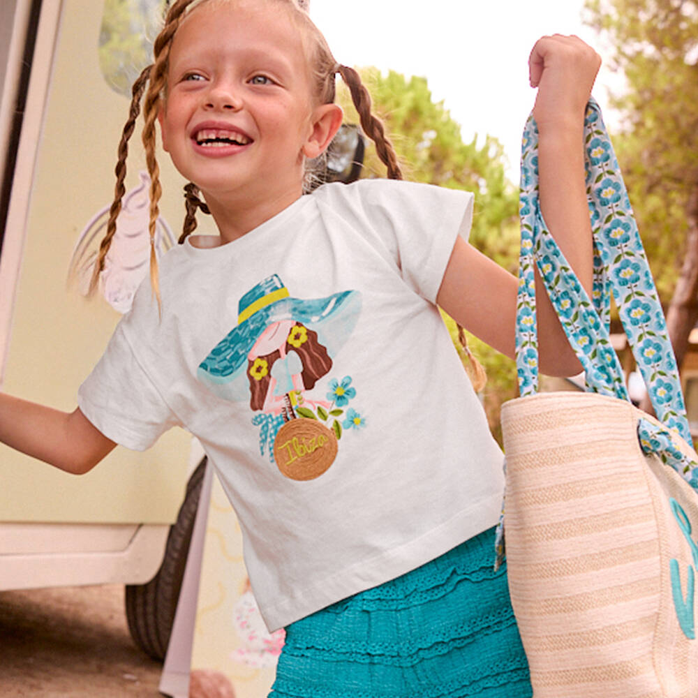 Mayoral-Girls White Ibiza T-Shirt & Aqua Blue Lace-Trimmed Shorts Set | Childrensalon