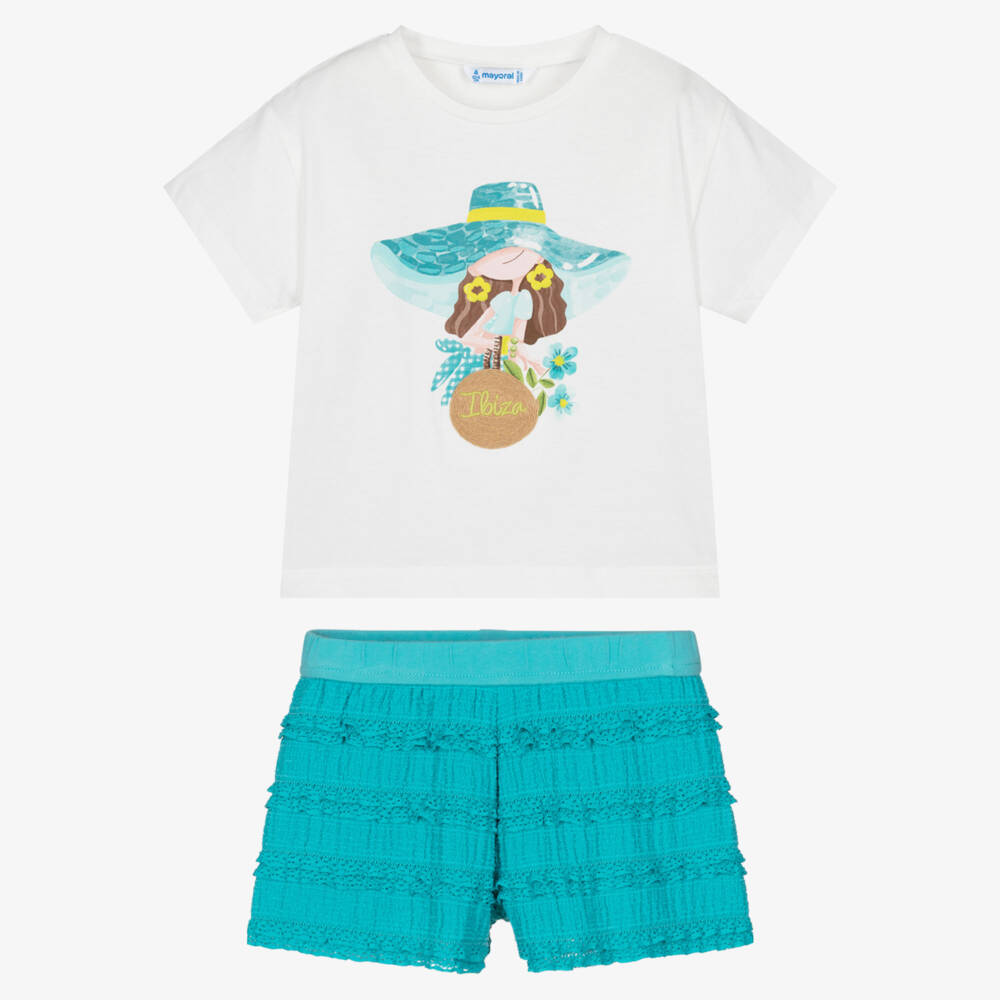 Mayoral-Girls White Ibiza T-Shirt & Aqua Blue Lace-Trimmed Shorts Set | Childrensalon