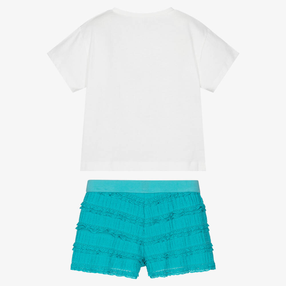 Mayoral-Girls White Ibiza T-Shirt & Aqua Blue Lace-Trimmed Shorts Set | Childrensalon