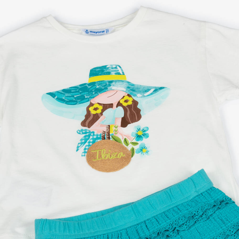 Mayoral-Girls White Ibiza T-Shirt & Aqua Blue Lace-Trimmed Shorts Set | Childrensalon