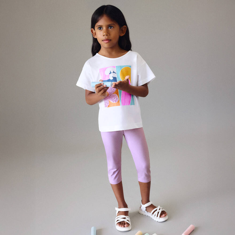 Mayoral-Girls White & Lilac Cotton Cropped Leggings Set | Childrensalon