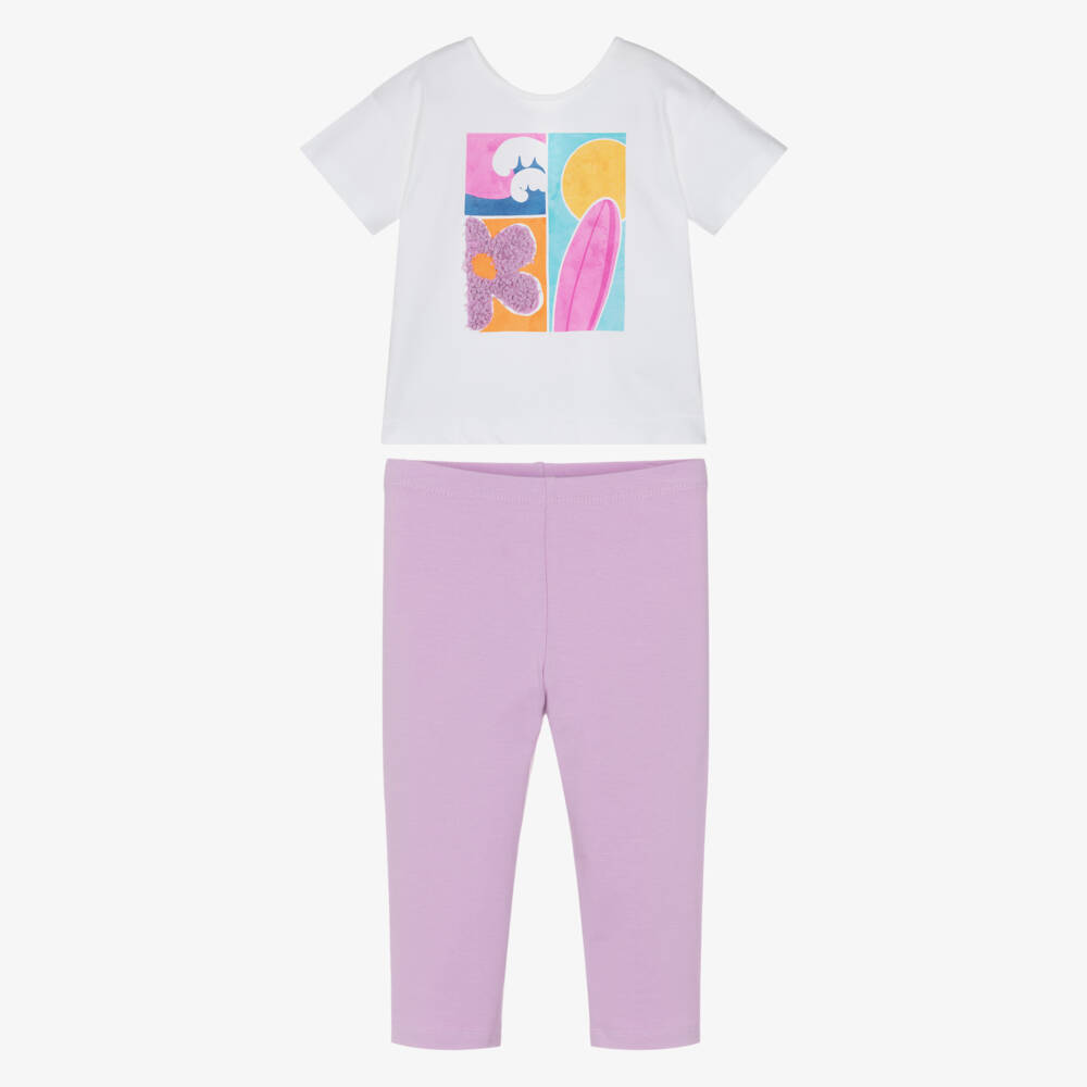 Mayoral-Girls White & Lilac Cotton Cropped Leggings Set | Childrensalon