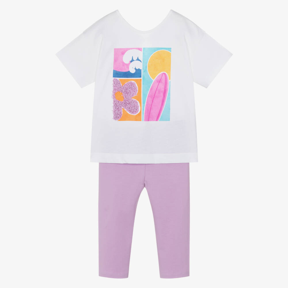 Mayoral-Girls White & Lilac Cotton Cropped Leggings Set  | Childrensalon