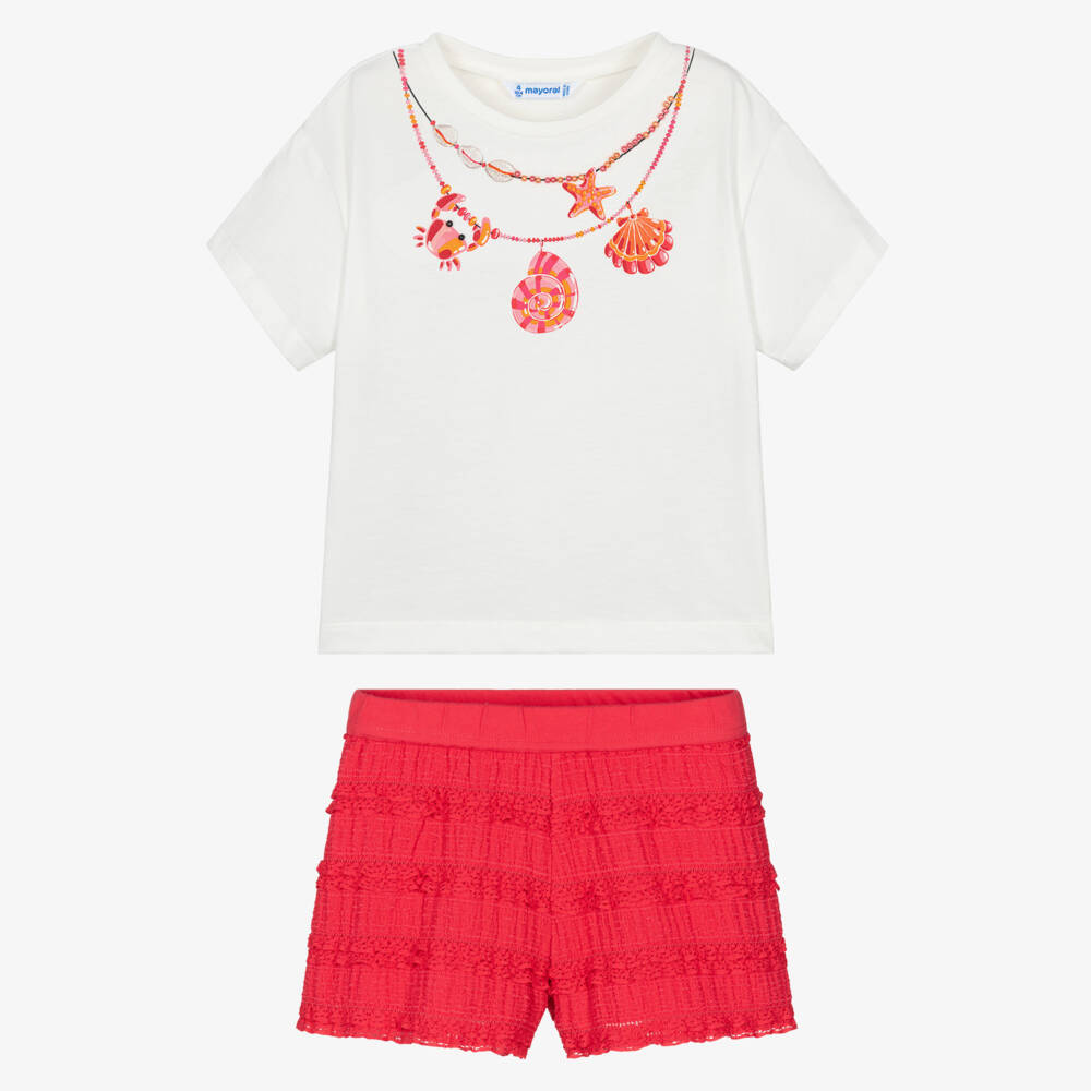 Mayoral-Girls White Necklace T-Shirt & Red Lace-Trimmed Shorts Set | Childrensalon