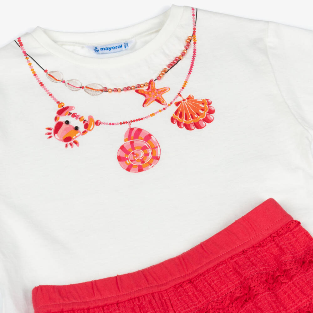 Mayoral-Girls White Necklace T-Shirt & Red Lace-Trimmed Shorts Set | Childrensalon