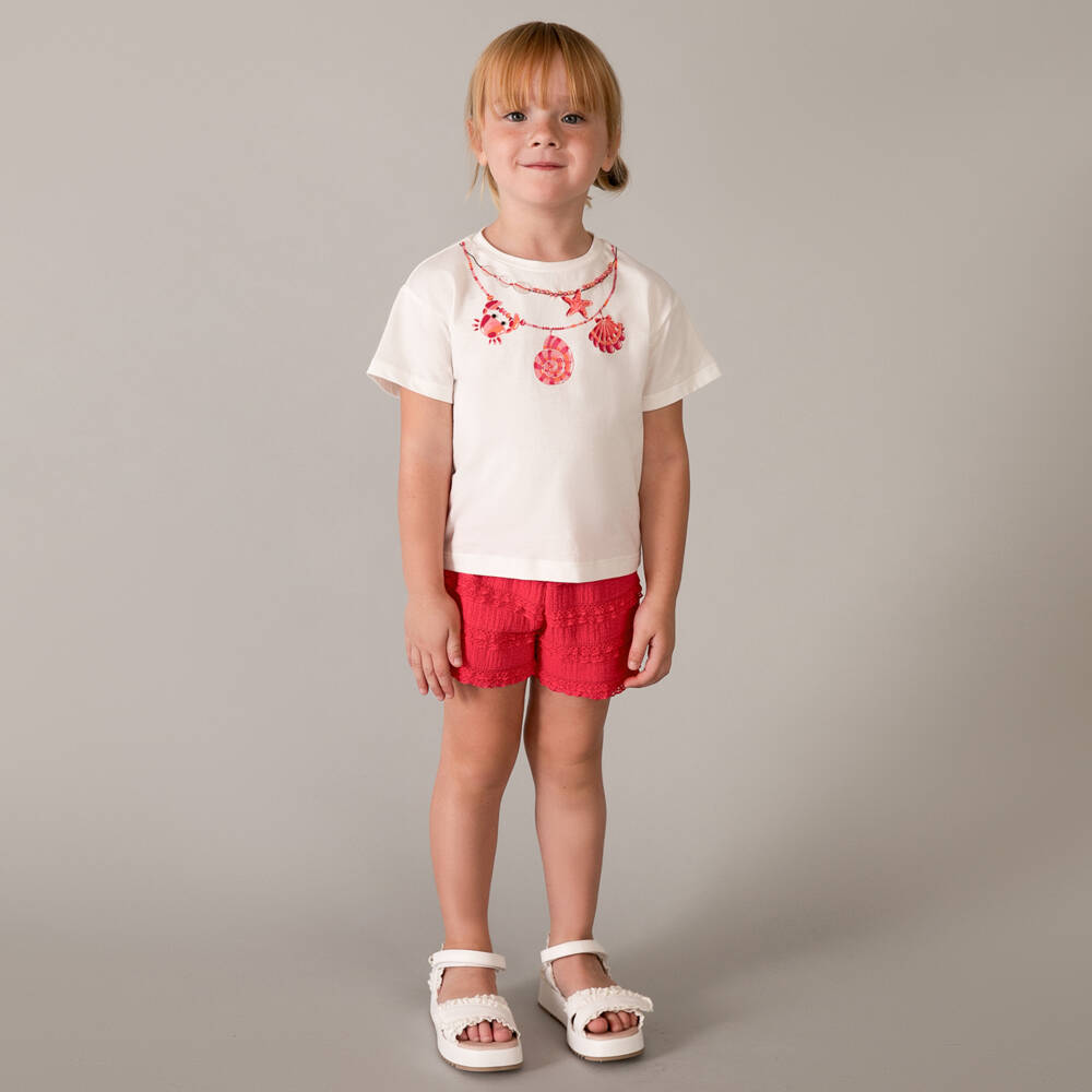 Mayoral-Girls White Necklace T-Shirt & Red Lace-Trimmed Shorts Set | Childrensalon