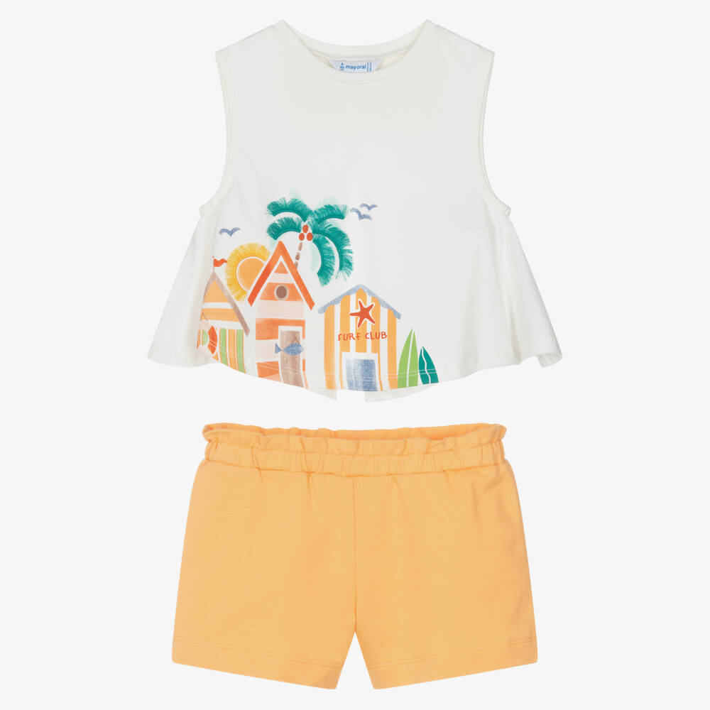Mayoral-Girls White & Orange Cotton Shorts Set with Beach Hut Print | Childrensalon
