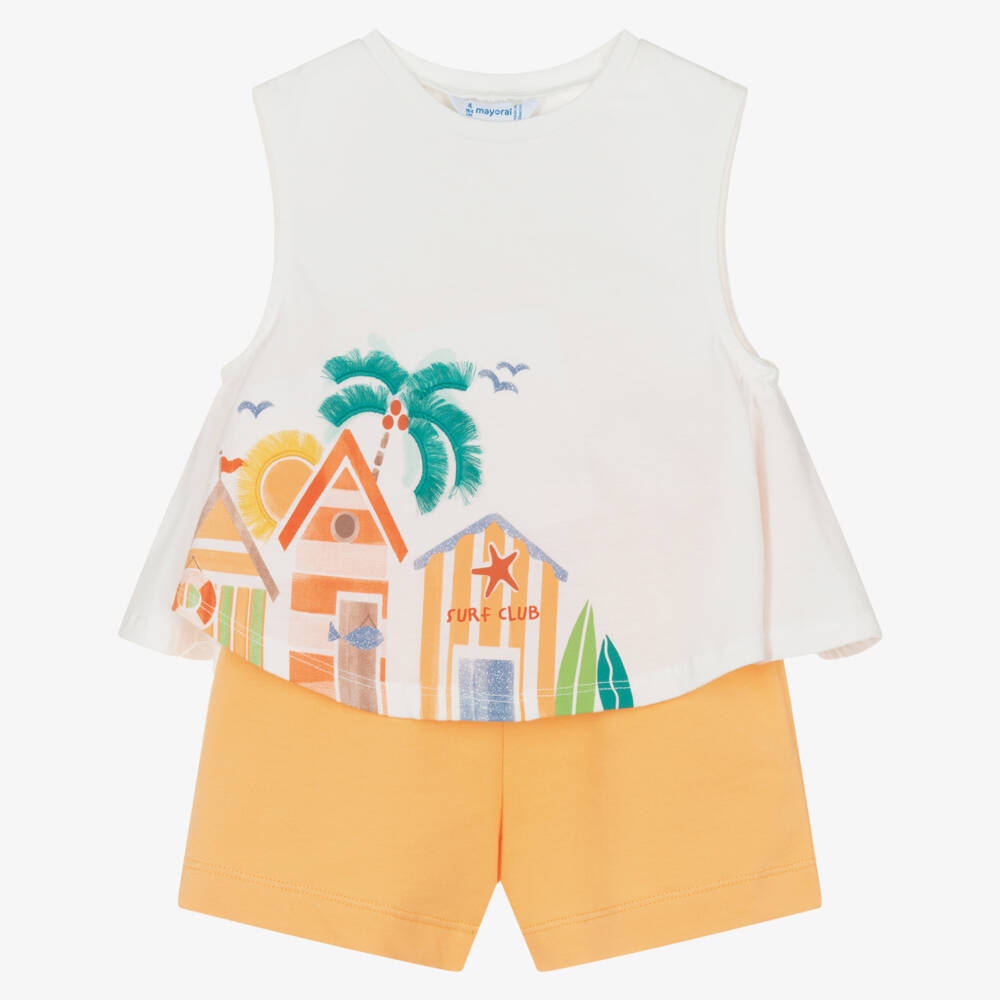 Mayoral-Girls White & Orange Cotton Shorts Set with Beach Hut Print | Childrensalon