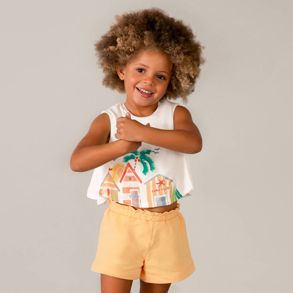 Mayoral-Girls White & Orange Cotton Shorts Set with Beach Hut Print | Childrensalon