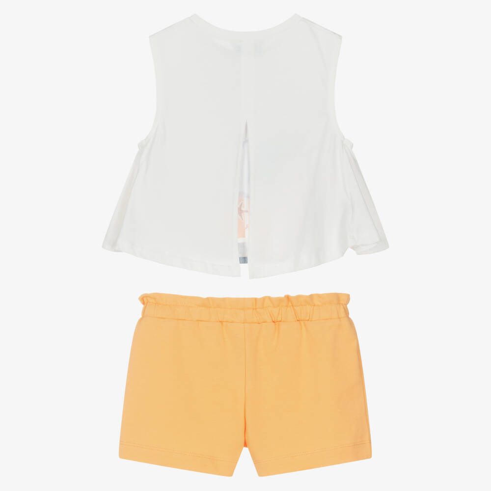 Mayoral-Girls White & Orange Cotton Shorts Set with Beach Hut Print | Childrensalon