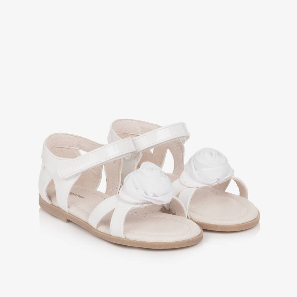 Mayoral-Girls White Patent Faux Leather Sandals with Rose Appliqué | Childrensalon