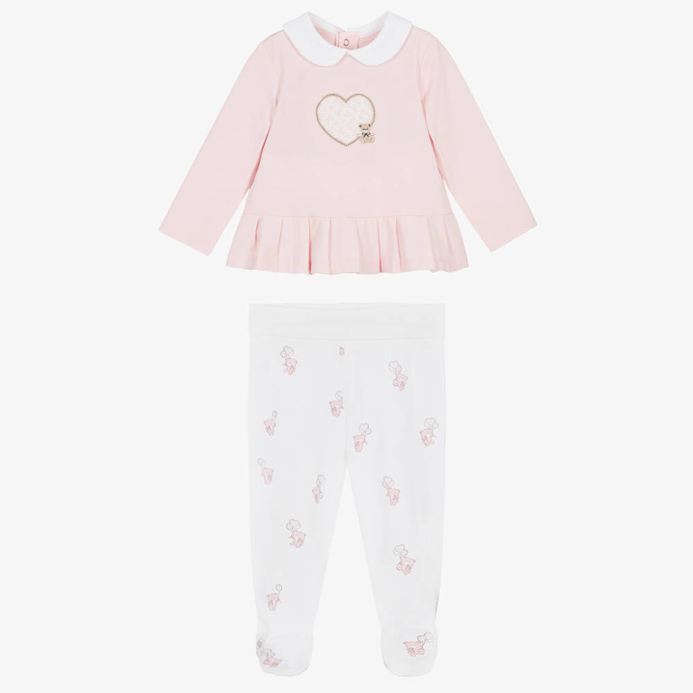 Mayoral Для новорожденных-Girls White & Pink Cotton 2 Piece Babygrow | Childrensalon