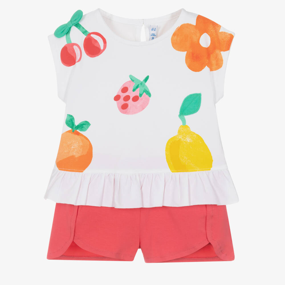 Mayoral-Girls White & Pink Cotton Jersey Fruit Print Shorts Set | Childrensalon