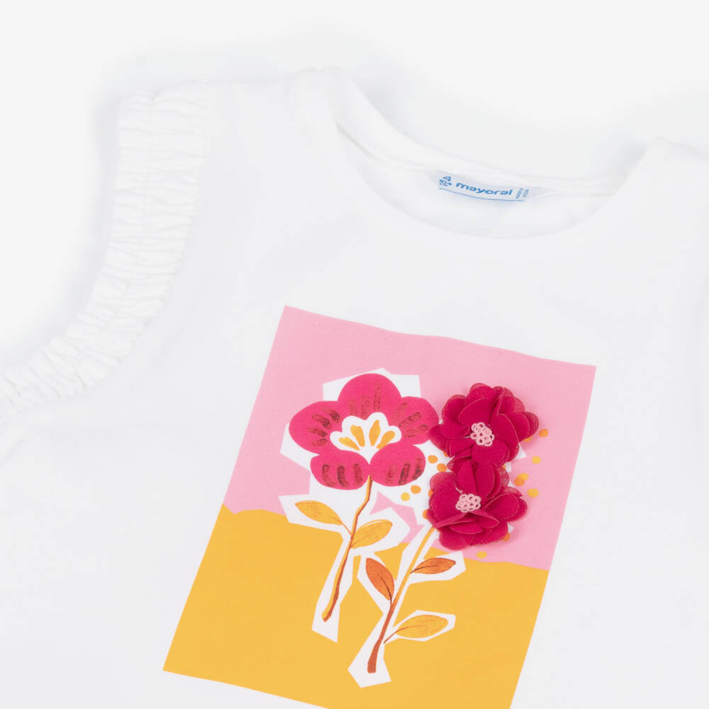 Mayoral-Girls White & Pink Cotton Sleeveless Flower T-Shirt | Childrensalon