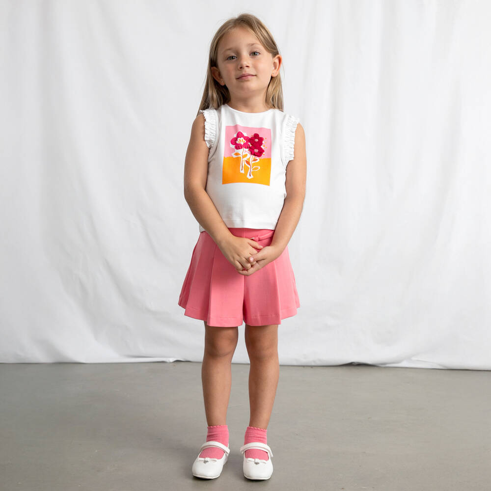 Mayoral-Girls White & Pink Cotton Sleeveless Flower T-Shirt | Childrensalon