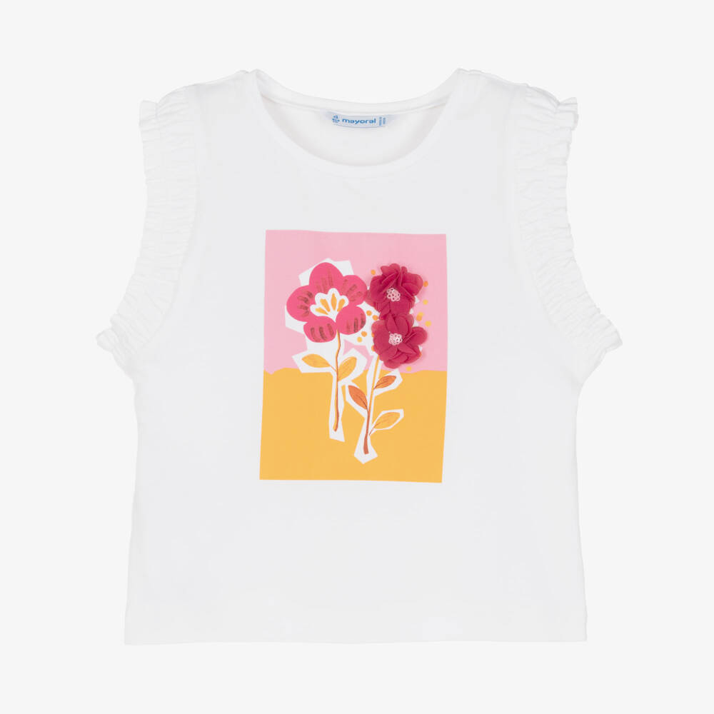Mayoral-Girls White & Pink Cotton Sleeveless Flower T-Shirt | Childrensalon