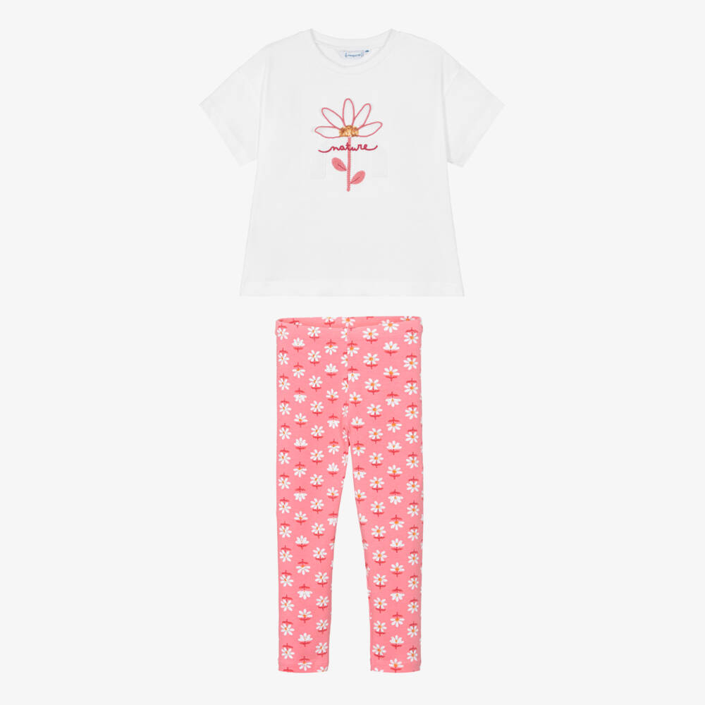 Mayoral-Girls White & Pink Floral Cotton Jersey Leggings Set | Childrensalon