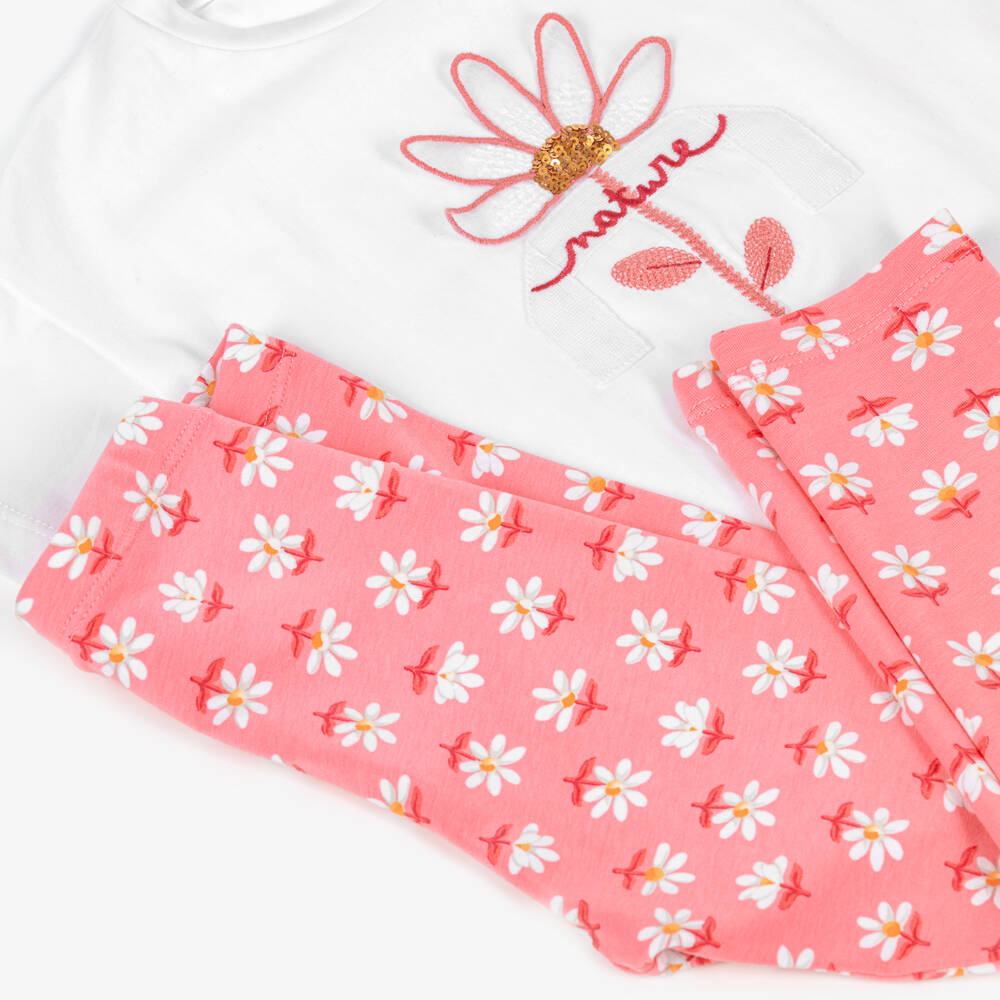 Mayoral-Girls White & Pink Floral Cotton Jersey Leggings Set | Childrensalon