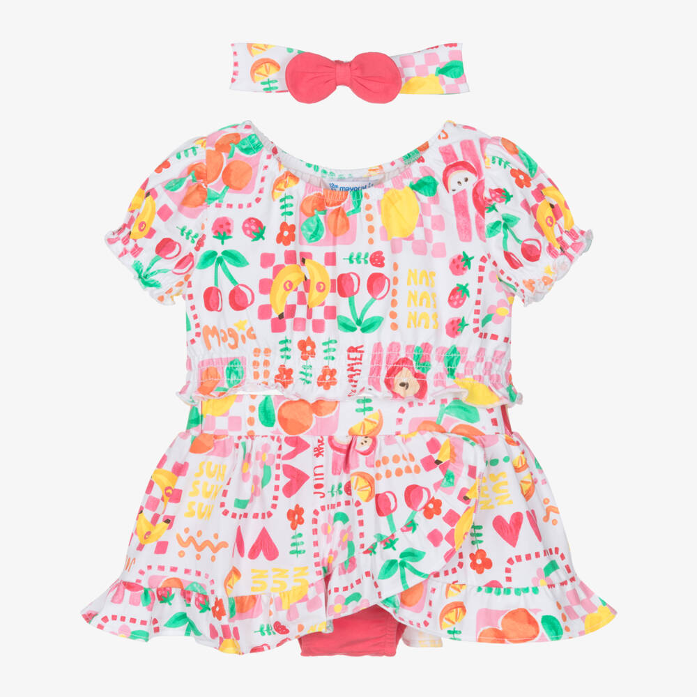 Mayoral-Girls White & Pink Fruit Pattern Cotton Jersey Skirt Set | Childrensalon