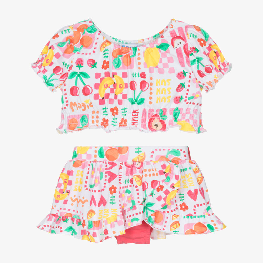 Mayoral-Girls White & Pink Fruit Pattern Cotton Jersey Skirt Set | Childrensalon