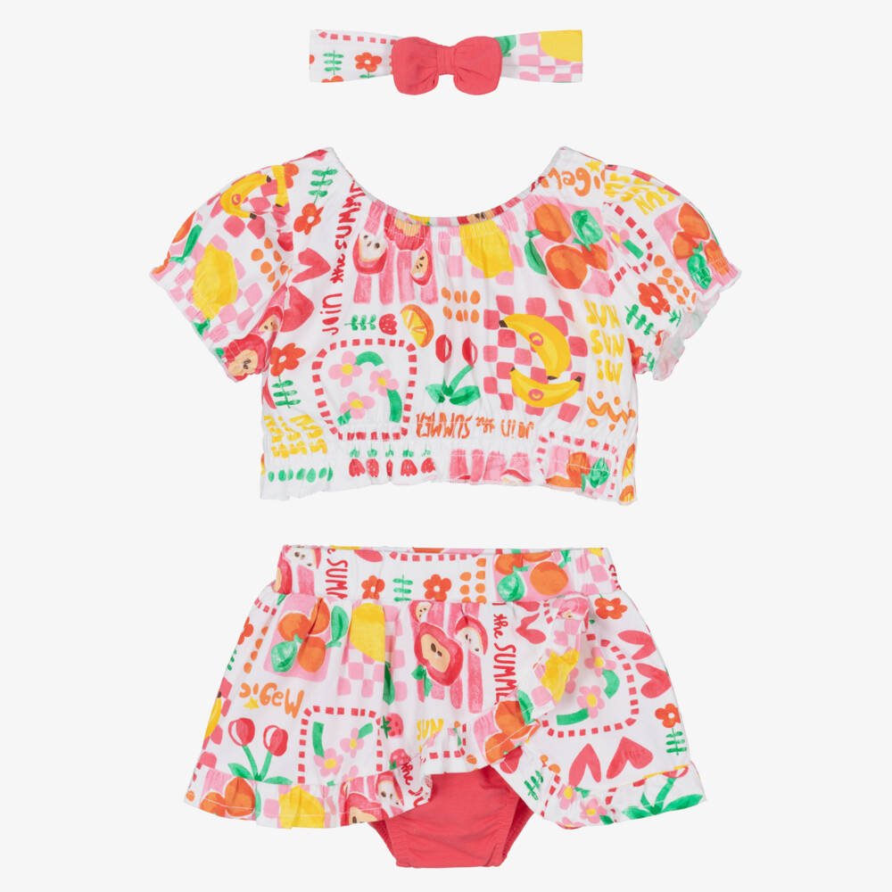 Mayoral-Girls White & Pink Fruit Pattern Cotton Jersey Skirt Set | Childrensalon