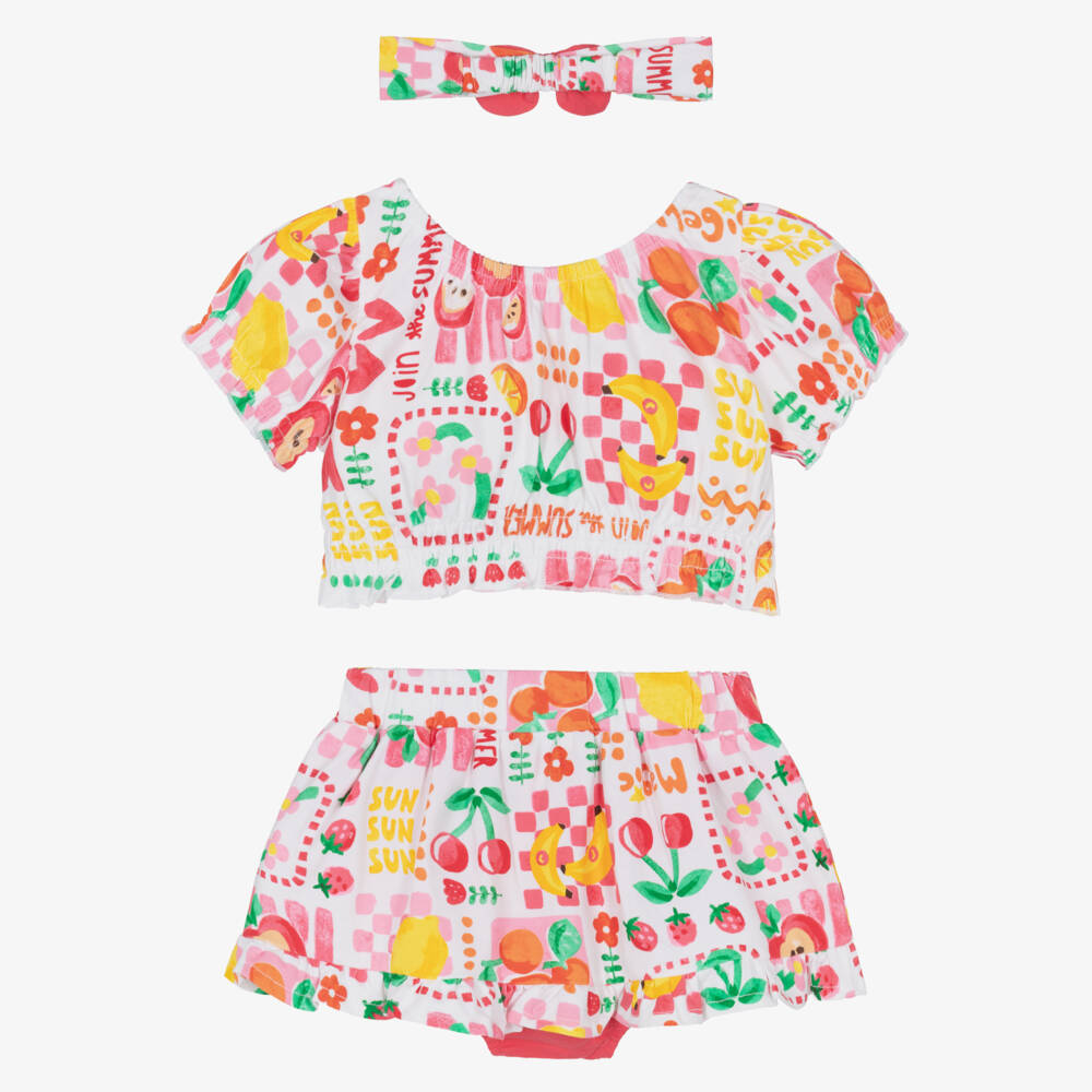 Mayoral-طقم تنورة قطن جيرسي لون أبيض وزهري للبنات | Childrensalon