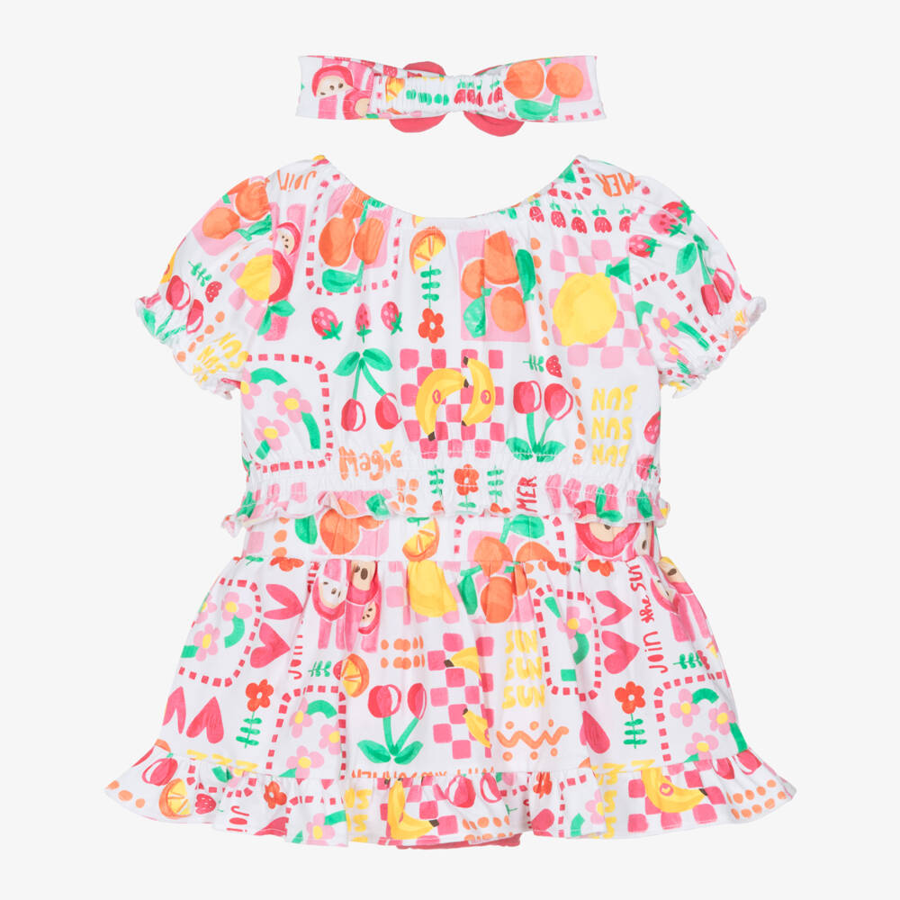 Mayoral-Girls White & Pink Fruit Pattern Cotton Jersey Skirt Set | Childrensalon