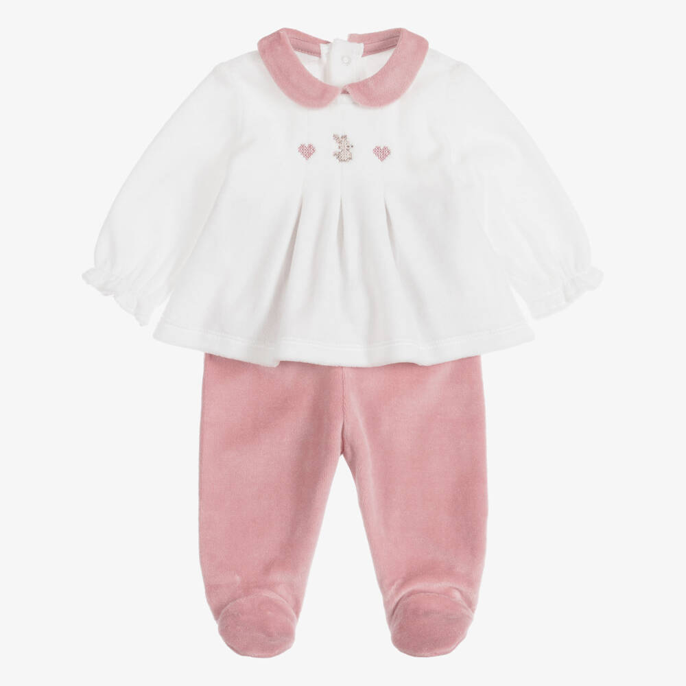 Mayoral Newborn-Girls White & Pink Velour 2-Piece Babygrow | Childrensalon