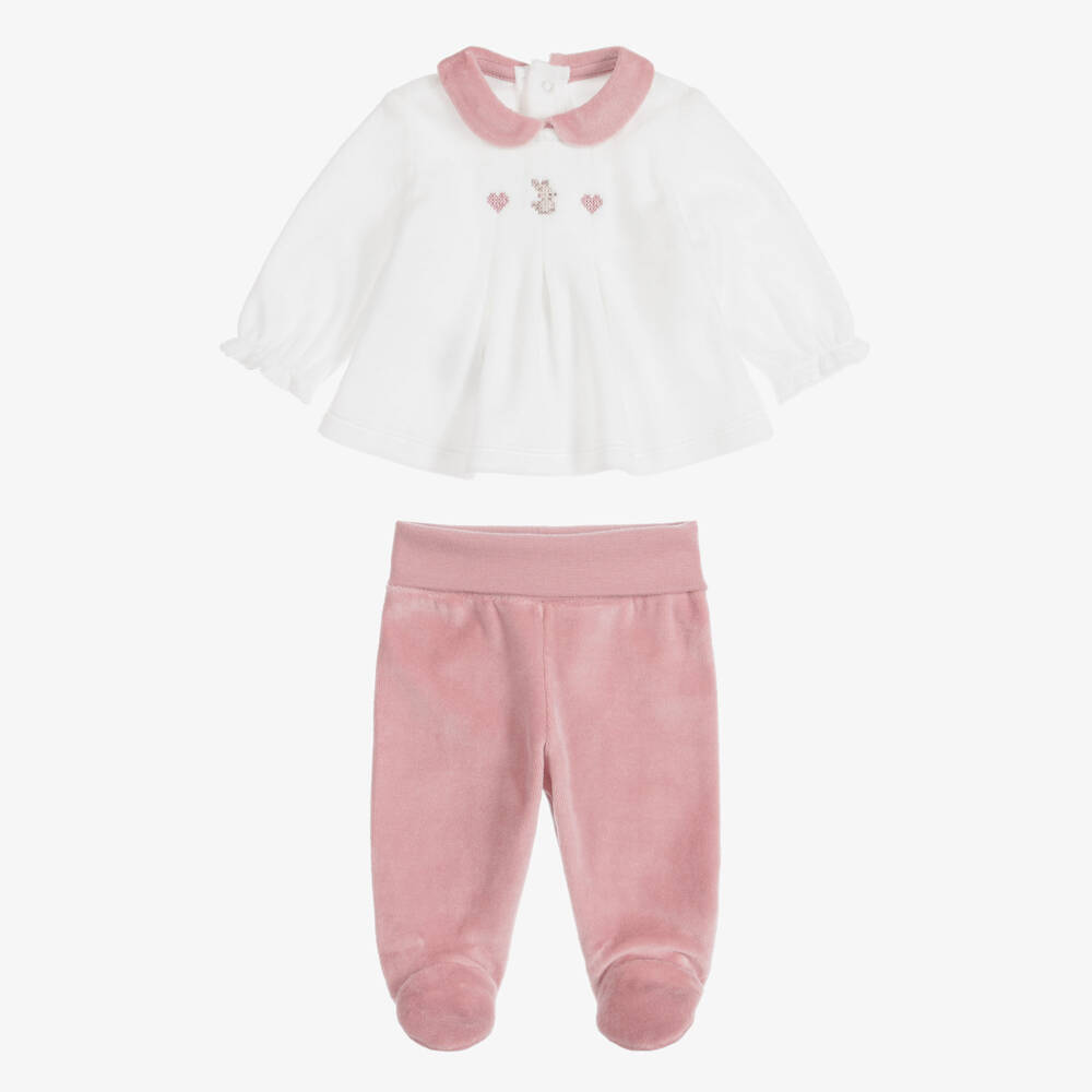 Mayoral Newborn-Girls White & Pink Velour 2-Piece Babygrow | Childrensalon