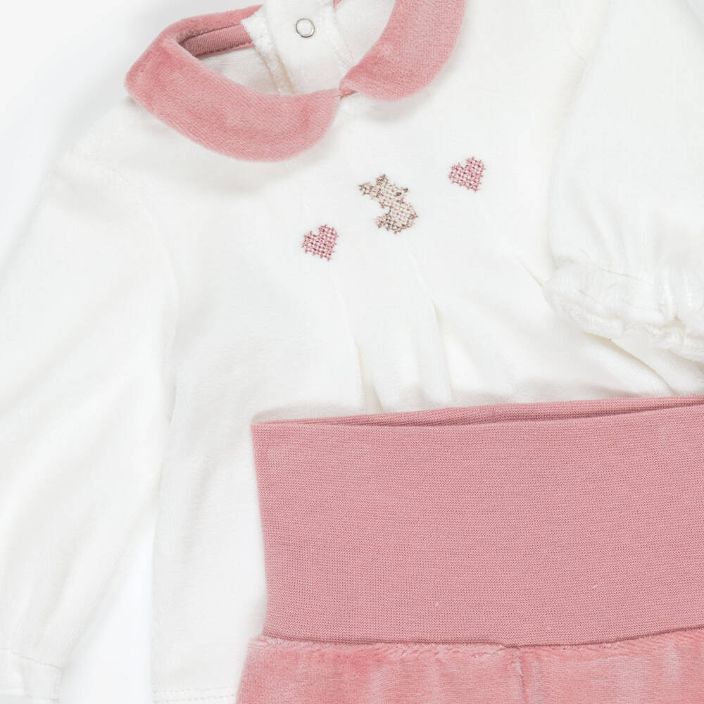 Mayoral Newborn-Girls White & Pink Velour 2-Piece Babygrow | Childrensalon