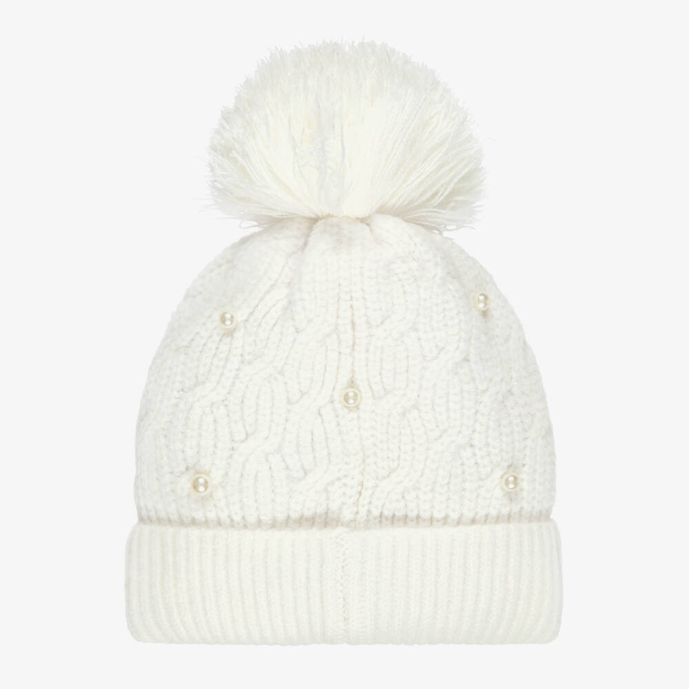 Mayoral-Girls White Pom-Pom Hat with Pearls | Childrensalon