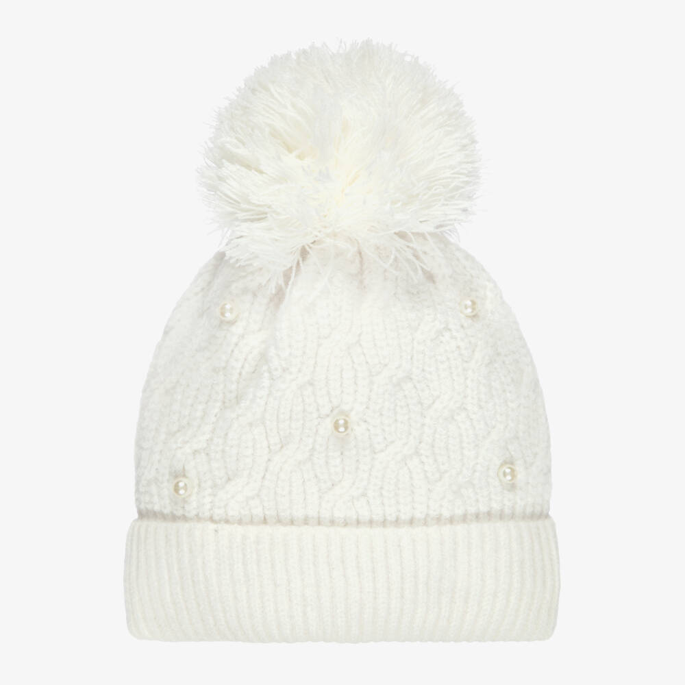 Mayoral-Girls White Pom-Pom Hat with Pearls | Childrensalon
