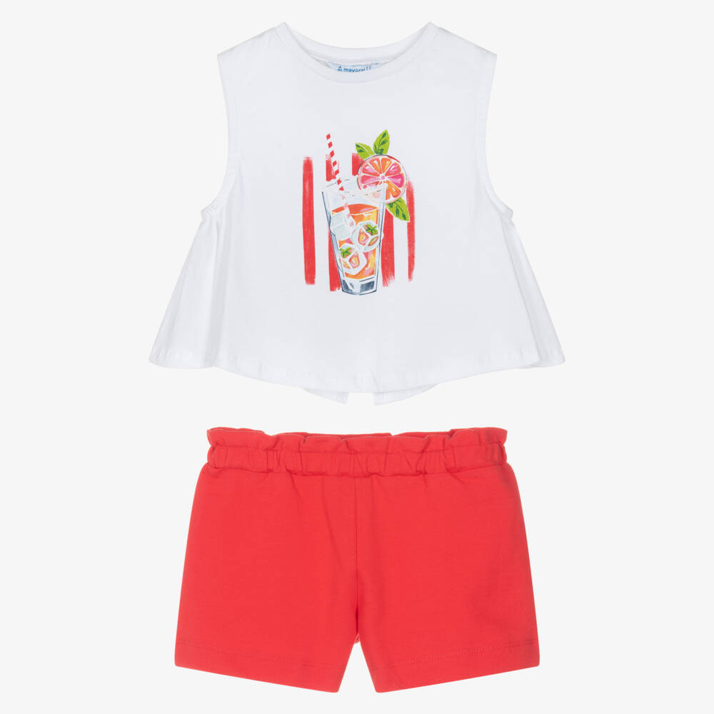 Mayoral-Girls White & Red Cotton Shorts Set with Drink Print | Childrensalon