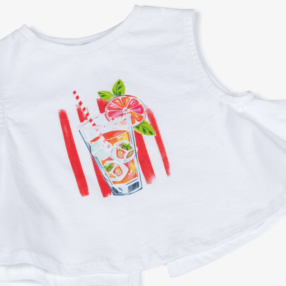 Mayoral-Girls White & Red Cotton Shorts Set with Drink Print | Childrensalon