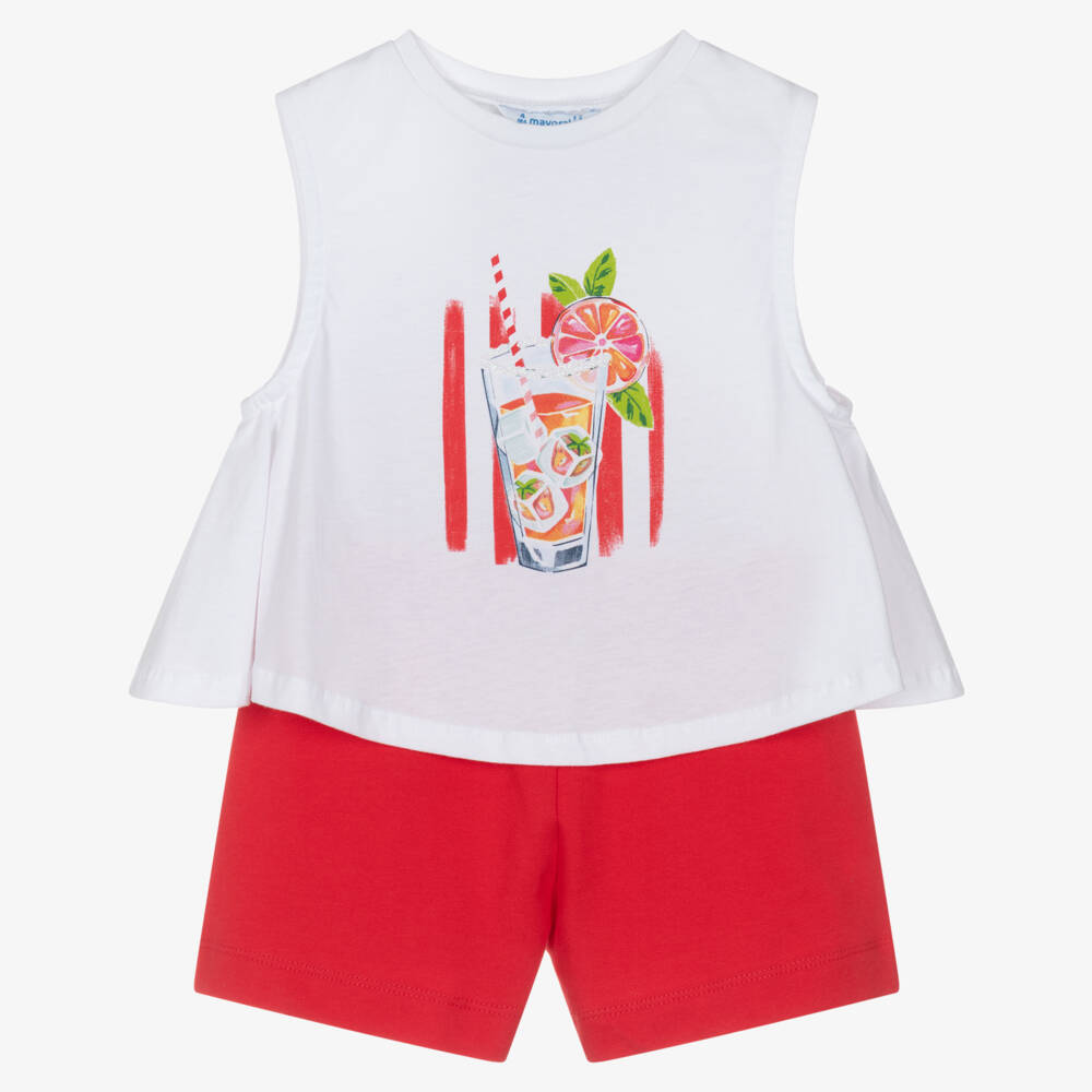 Mayoral-Girls White & Red Cotton Shorts Set with Drink Print | Childrensalon