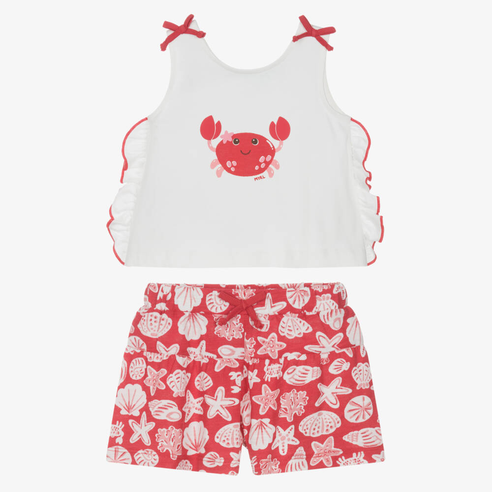 Mayoral-Girls White & Red Sea Motif Cotton Shorts Set | Childrensalon
