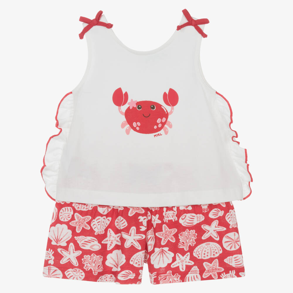 Mayoral-Girls White & Red Sea Motif Cotton Shorts Set | Childrensalon