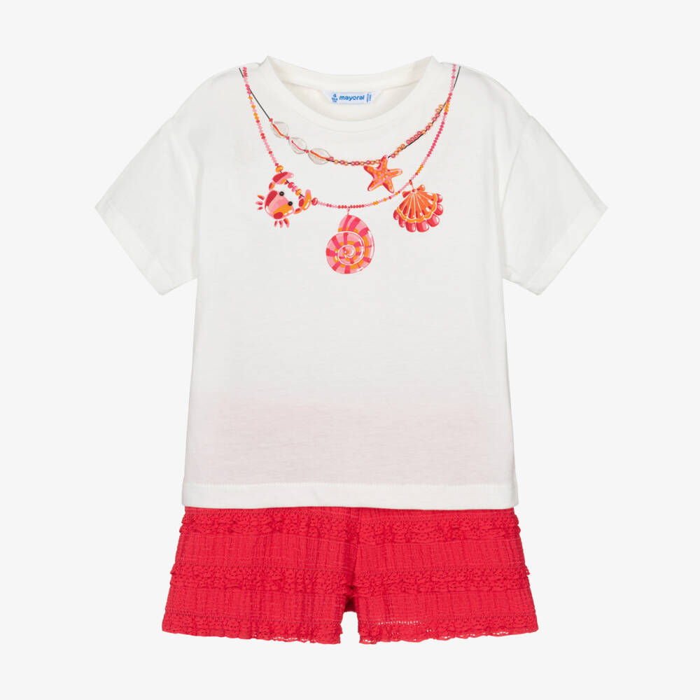 Mayoral-Girls White T-Shirt & Red Shorts Set | Childrensalon
