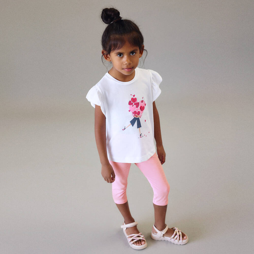 Mayoral-Girls White Top & Leggings Set with Hearts Motif | Childrensalon