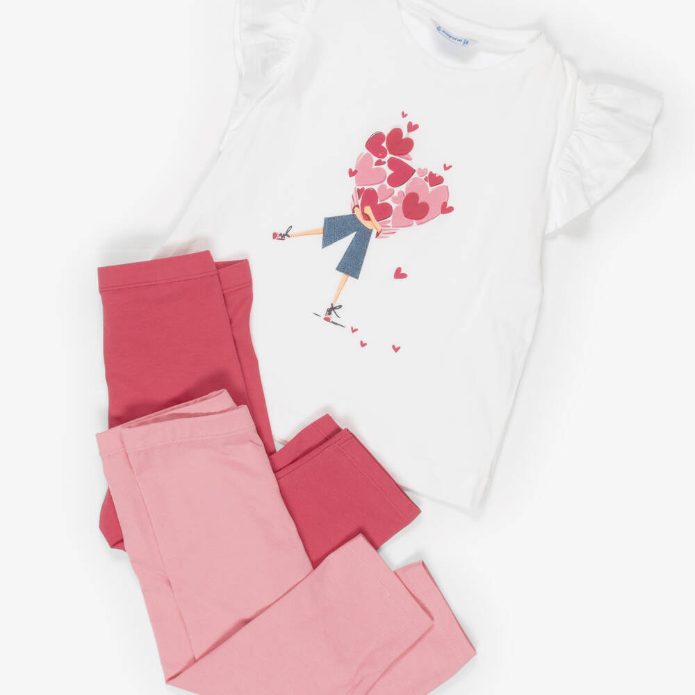 Mayoral-Girls White Top & Leggings Set with Hearts Motif | Childrensalon