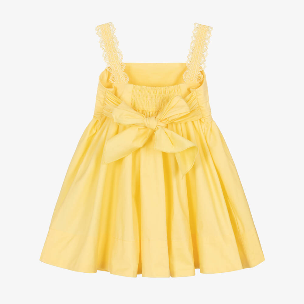 Mayoral-Girls Yellow Cotton Dress with Lace Trim | Childrensalon
