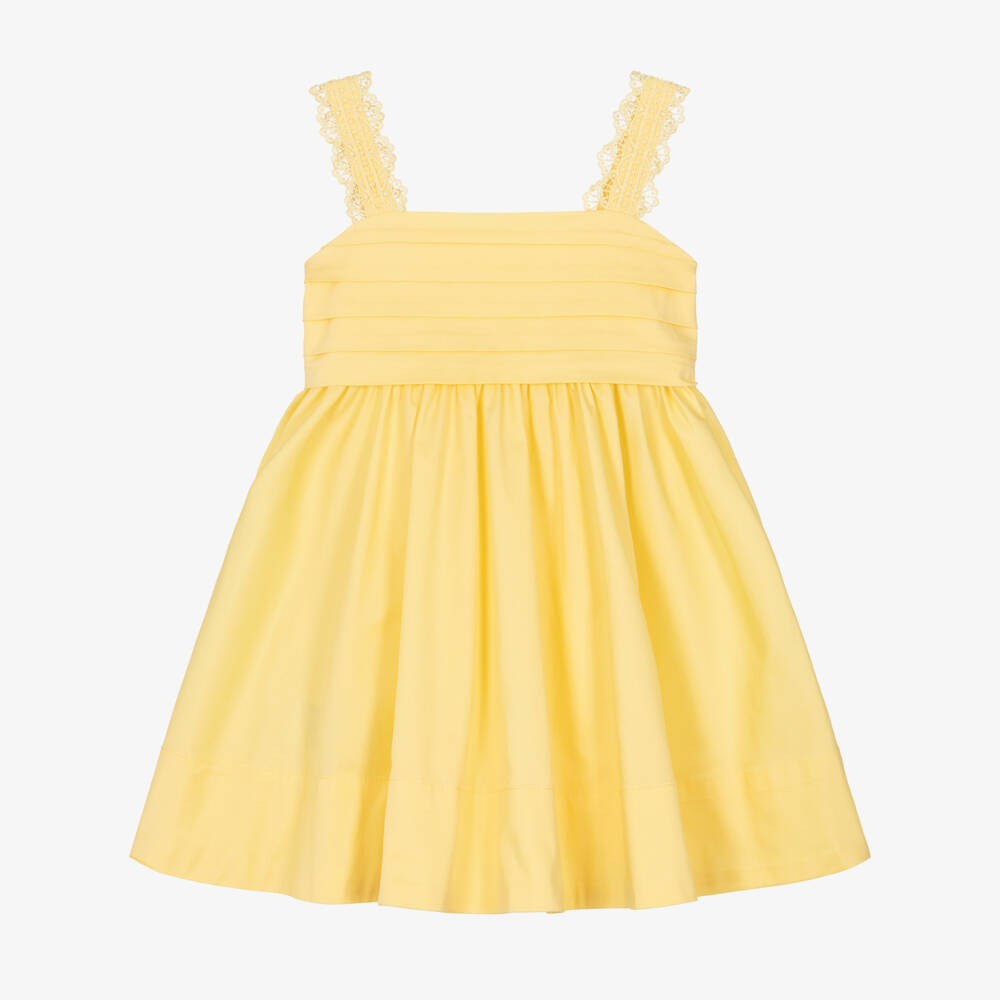 Mayoral-Girls Yellow Cotton Dress with Lace Trim | Childrensalon