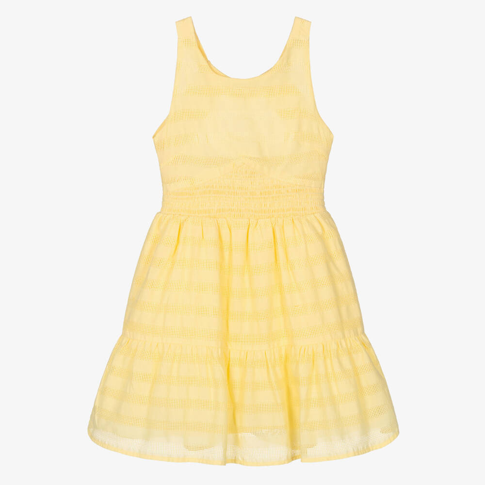Mayoral-Girls Yellow Cotton Dress with Shirred Detail  | Childrensalon