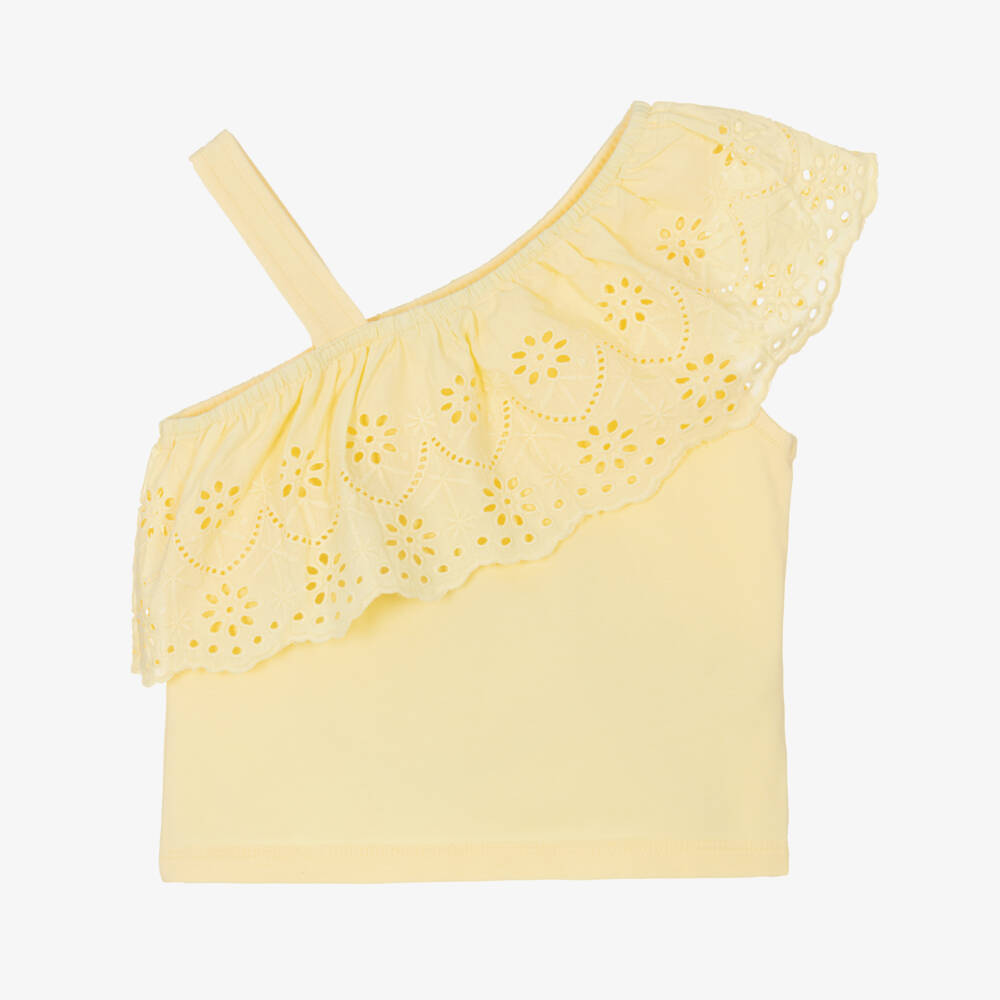Mayoral-Girls Yellow Cotton One-Shoulder Ruffle Top | Childrensalon