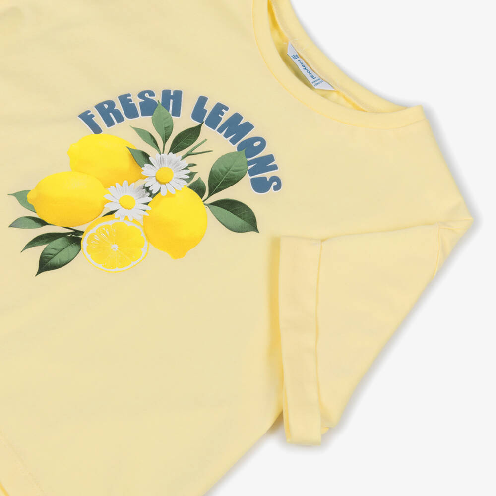 Mayoral-Girls Yellow Lemon Print Cotton Jersey T-Shirt | Childrensalon
