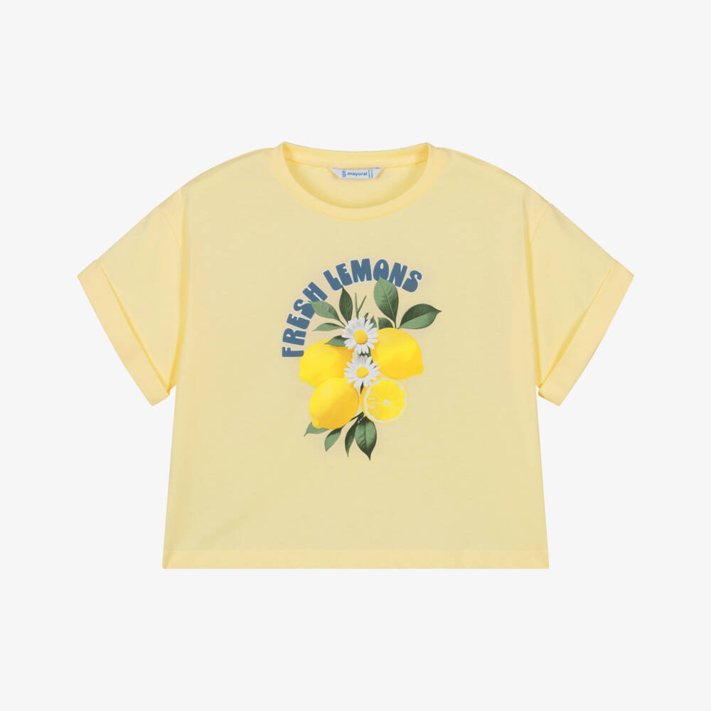 Mayoral-Girls Yellow Lemon Print Cotton Jersey T-Shirt | Childrensalon
