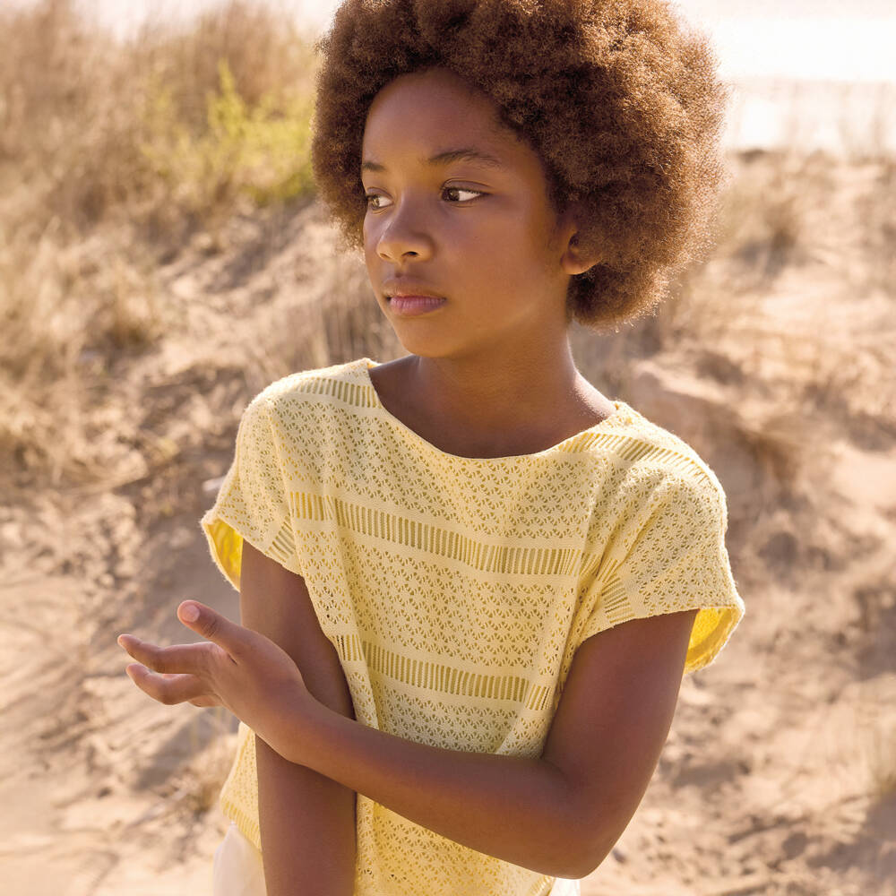 Mayoral-Girls Yellow Striped Crochet Top | Childrensalon