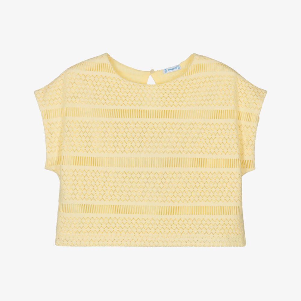 Mayoral-Girls Yellow Striped Crochet Top | Childrensalon